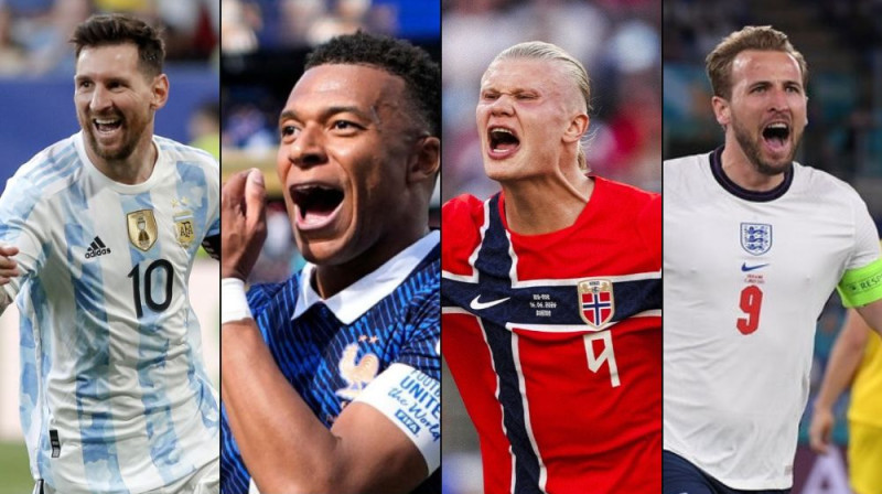 Lionels Mesi, Kiljans Mbapē, Ērlings Holanns un Harijs Keins. Foto: EPA/AP/Sports Press Photo/Reuters/Scanpix
