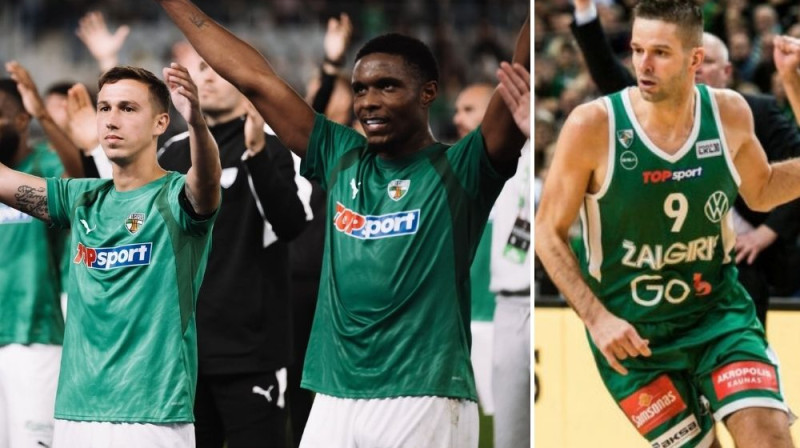 Kauņas "Žalgira" futbolisti un kluba prezidents Mants Kalnietis, vēl basketbola laukumā. Foto: Kauno Žalgiris