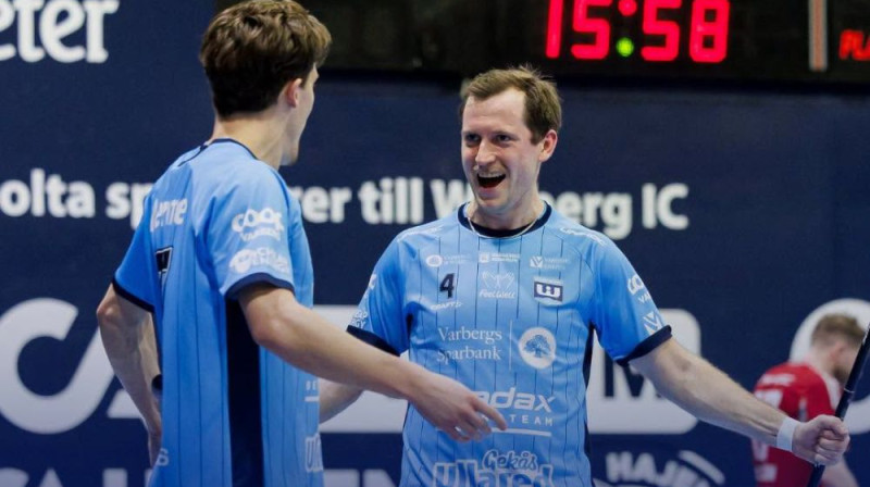 Morics Krūmiņš līksmo par vārtu guvumu, foto: Warberg IC