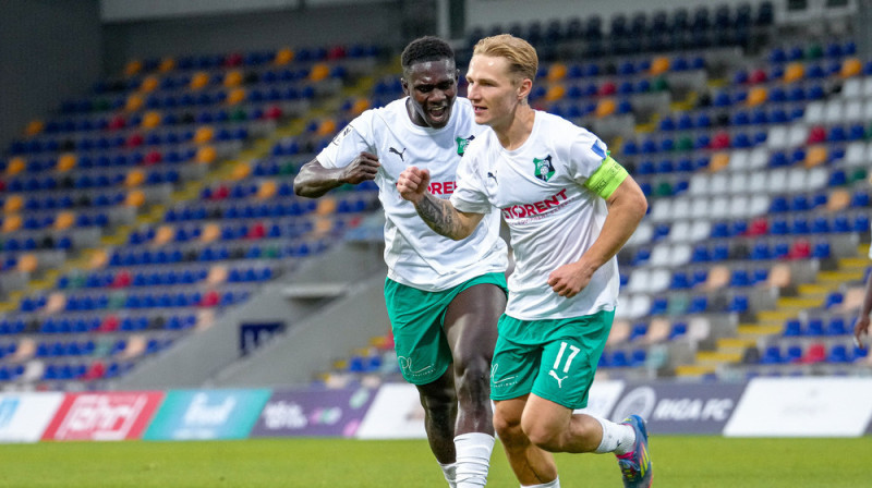 "Auda" uzbrucējs Eduards Dašķevičs svin vārtu guvumu. Foto: Kristians Putniņš/FK Auda