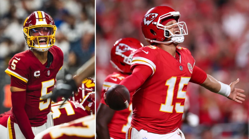 Džeidens Daniels/Patriks Mahoumss. Foto: Washington Commanders/Kansas City Chiefs