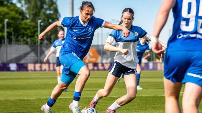 RFS futboliste Anastasija Čemirtāne ar bumbu spēlē pret rēzeknietēm. Foto: Sanita Ieva Sparāne/FK RFS
