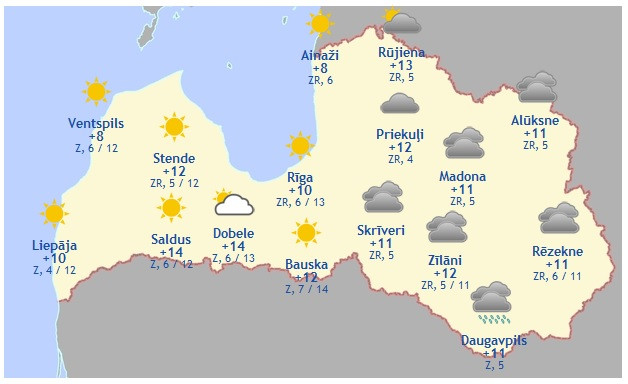 Laika prognoze šodienai, 19. aprīlim